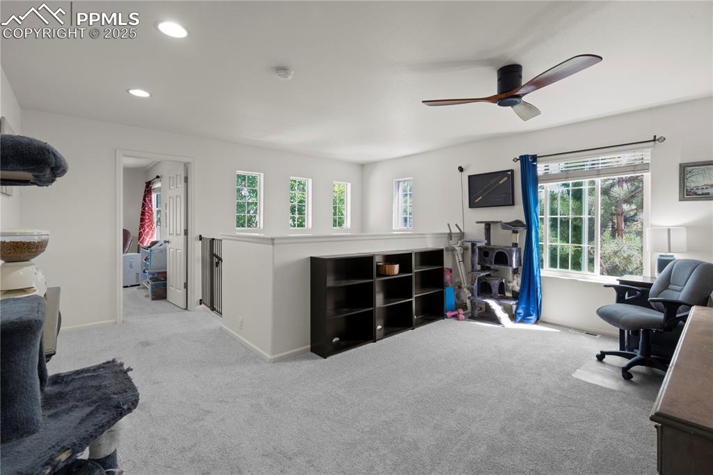 Image 14 of 29: Carpeted office featuring a ceiling fan, healthy amount of natural light, a