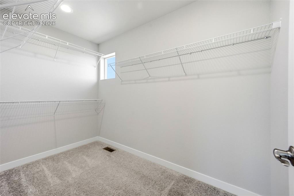 Image 33 of 49: Primary walk in closet with window and built in shelving