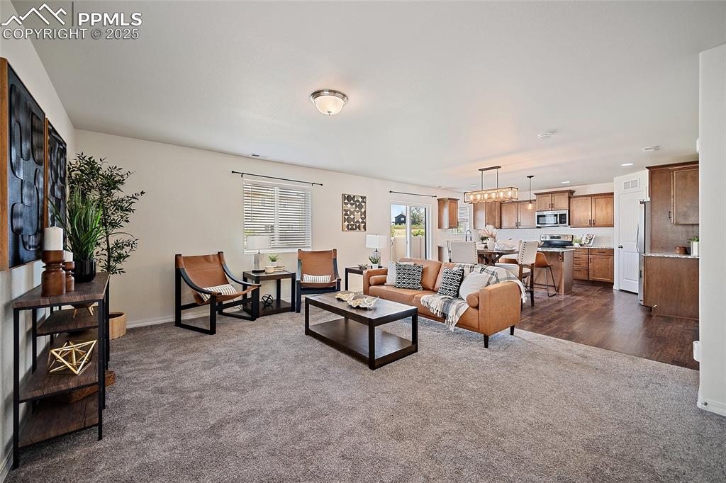 Image 11 of 50: Living area with dark carpet and recessed lighting