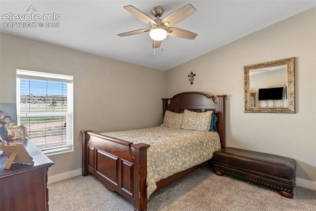 Image 26 of 34: Bedroom featuring neutral wall paint, textured carpet flooring, a window wi