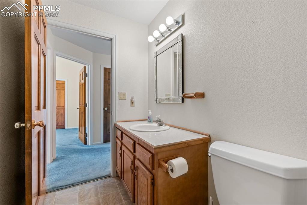 Image 19 of 38: Bathroom featuring vanity, a textured wall, and light carpet