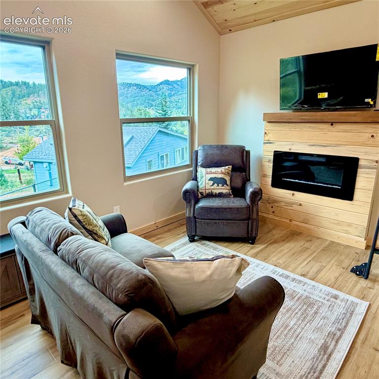Image 4 of 45: Vaulted ceiling with wood-finish planks, wood-finish flooring, two large wi