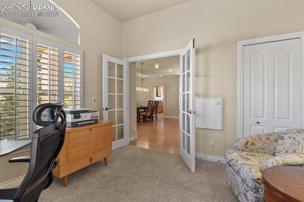 Image 23 of 46: This versatile room features carpeted flooring, a large window with plantat