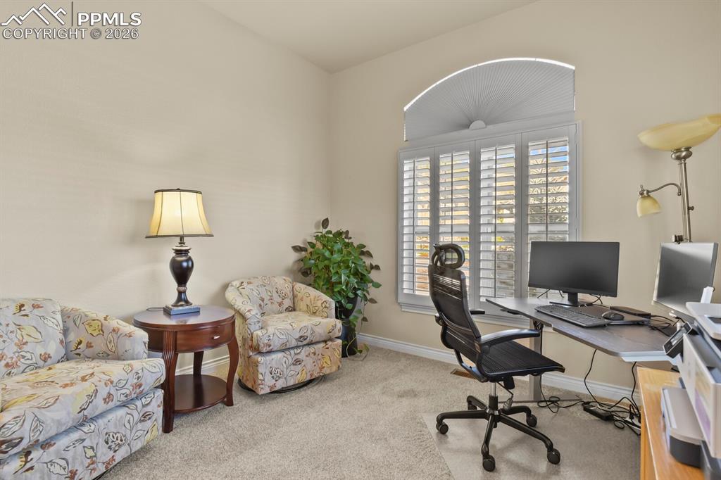 Image 24 of 46: This room features light colored walls, newer carpeta window with plantatio