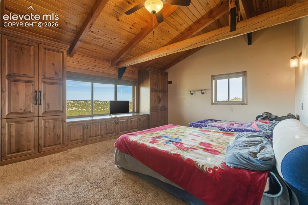 Image 17 of 40: Vaulted wood-paneled ceiling with exposed beams, wood-finish built-in cabin