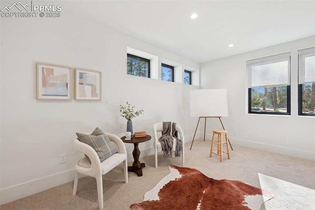 Image 39 of 50: Bunk room/ Hobby room featuring carpet floors and recessed lighting