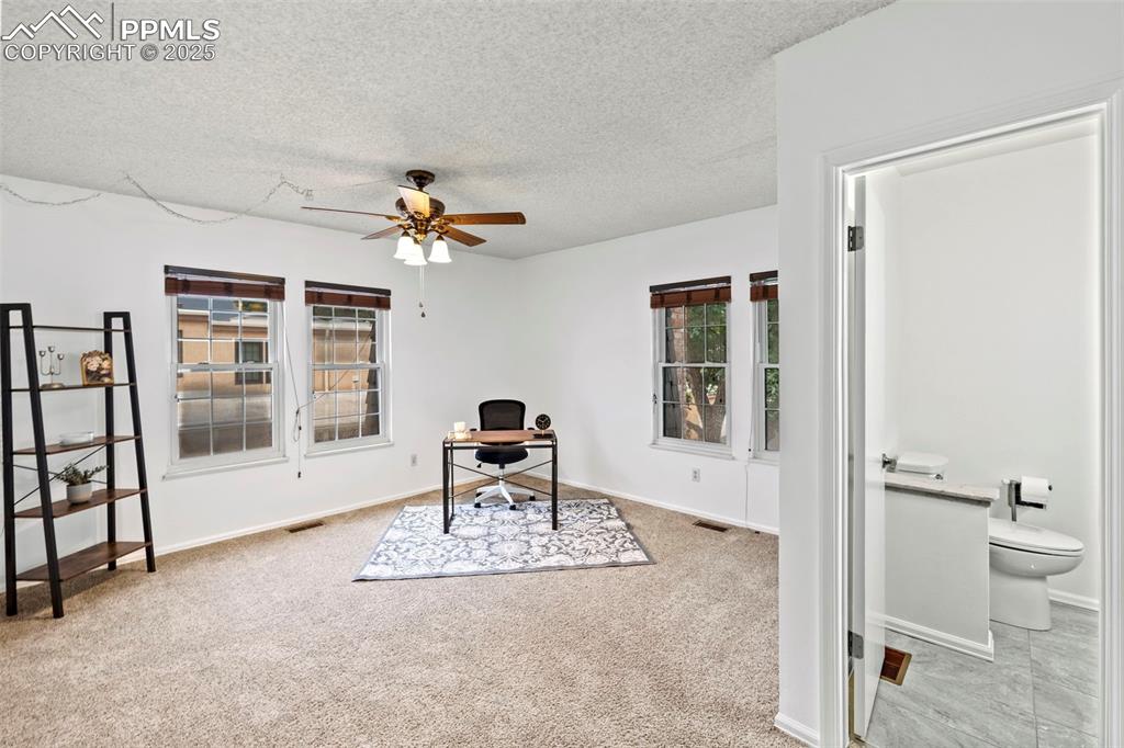 Image 19 of 31: Office featuring light colored carpet, a textured ceiling, and a ceiling fa