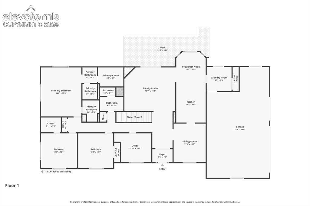 Image 39 of 45: Main level floor plan featuring an open-concept layout, spacious primary su