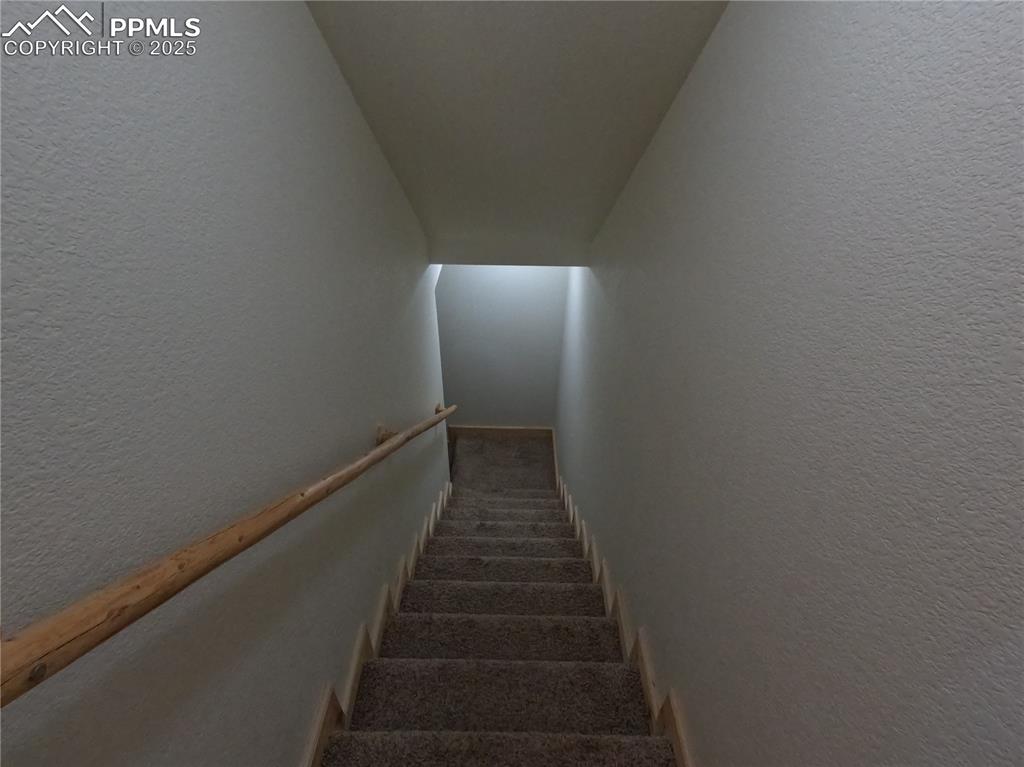 Image 14 of 23: Staircase featuring a textured wall and carpet floors
