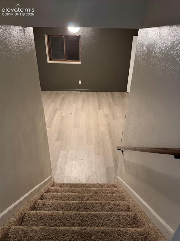 Image 9 of 21: Carpeted staircase with a wood handrail descending to a room with wood-fini