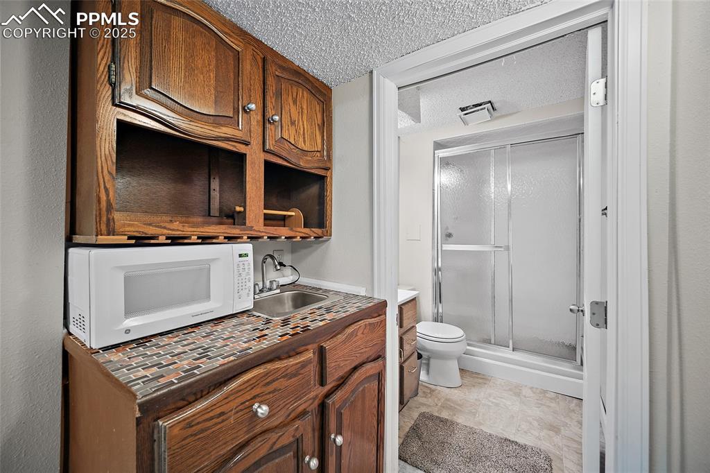 Image 26 of 50: Wet bar area in the lower level and lower-level bath.