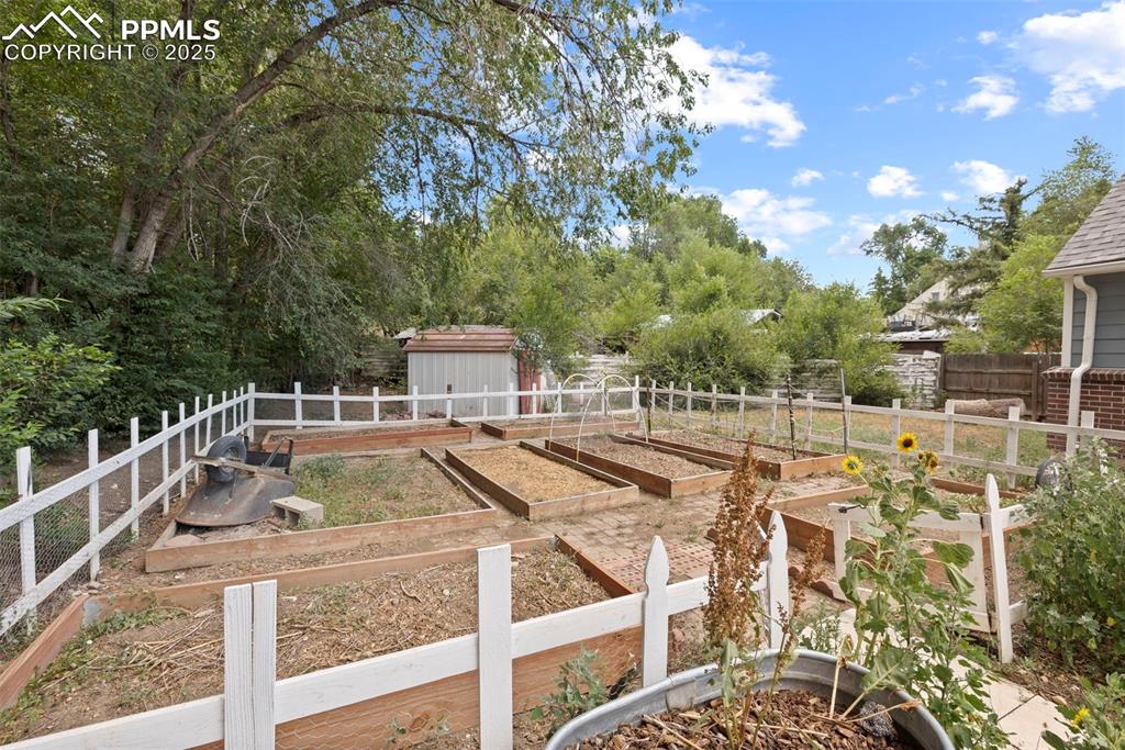 Image 30 of 33: View of yard with a shed and a vegetable garden