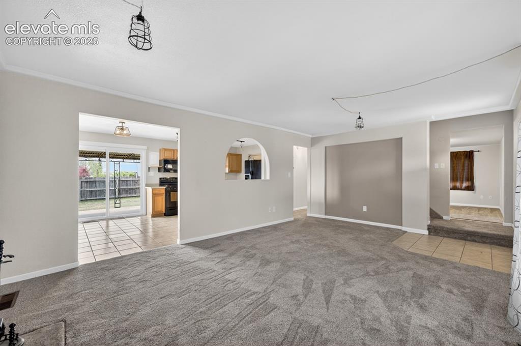 Image 25 of 25: Expansive carpeted living area with light-toned walls and an accent wall
