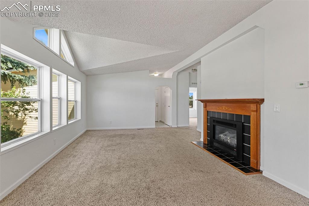 Image 13 of 24: Unfurnished living room with a textured ceiling, carpet flooring, and a til