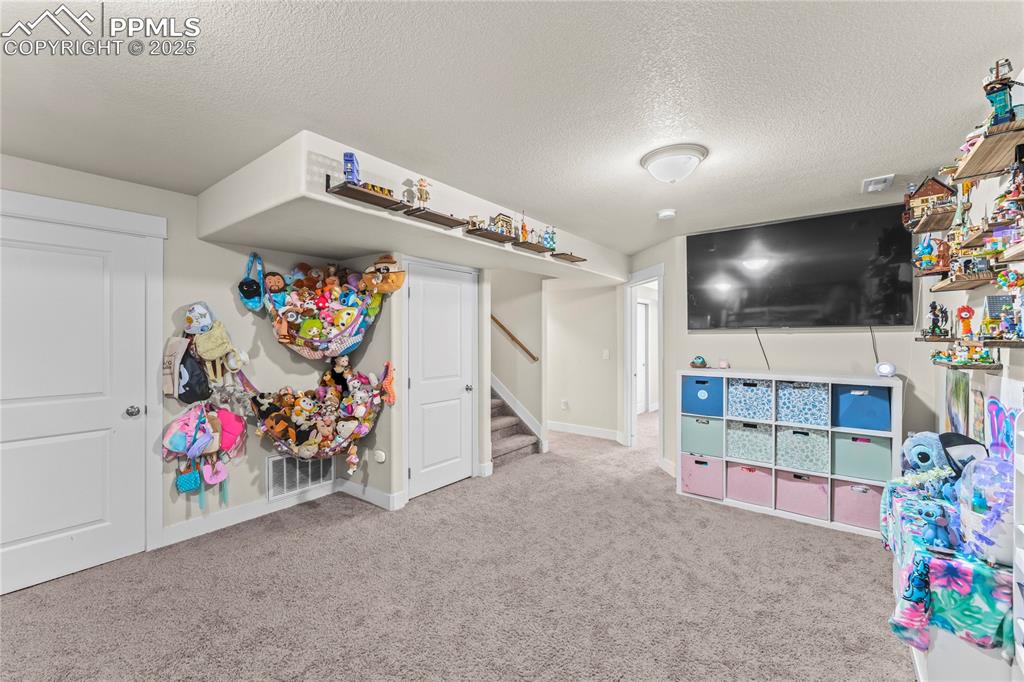 Image 24 of 33: Playroom with a textured ceiling and carpet floors