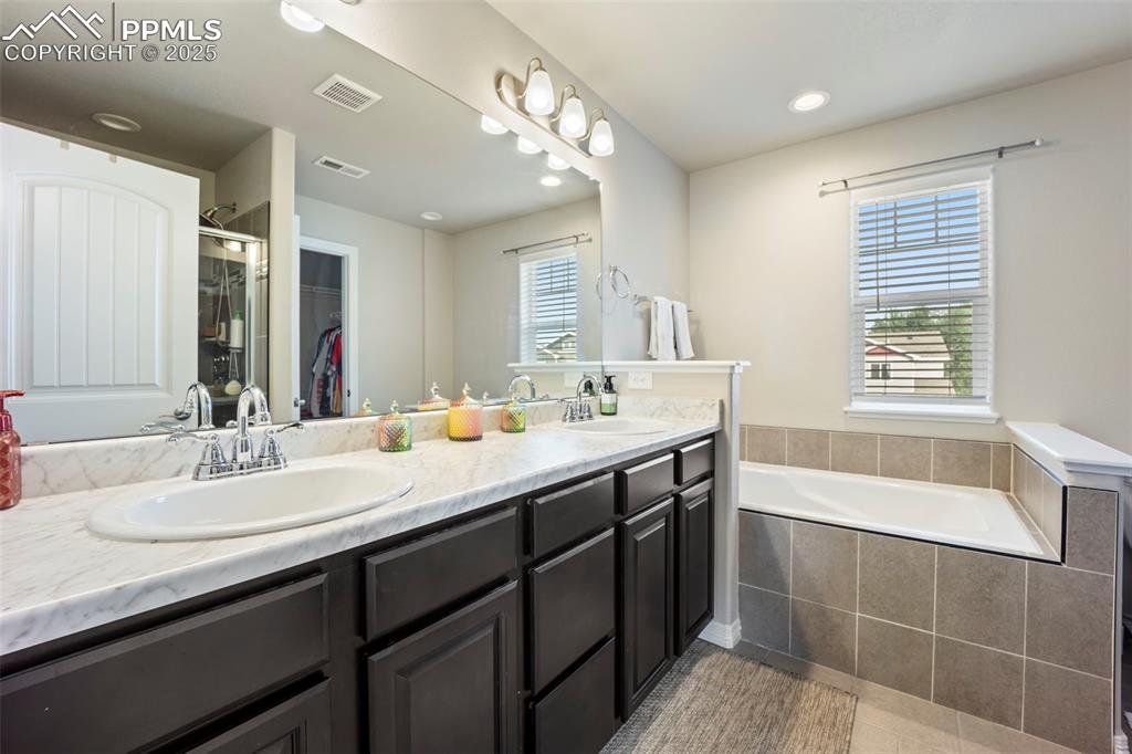 Image 19 of 45: Bathroom featuring a walk in closet, a garden tub, double vanity, recessed