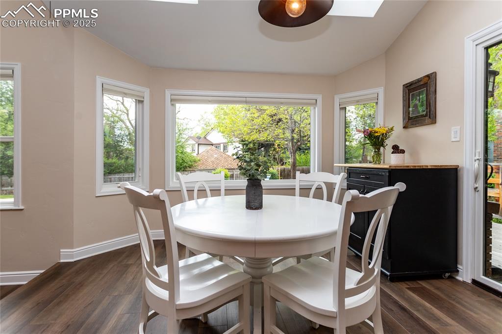 Image 17 of 50: Breakfast nook with bay window and skylights.