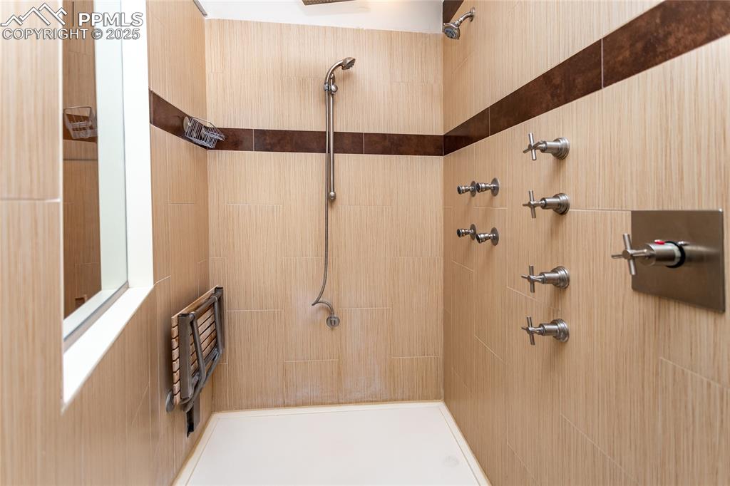 Image 30 of 50: Spa shower with rain shower and massage jets has a skylight as well.