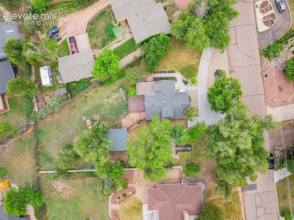 Image 46 of 50: Expansive lot featuring mature trees, a paved driveway, and a detached stru