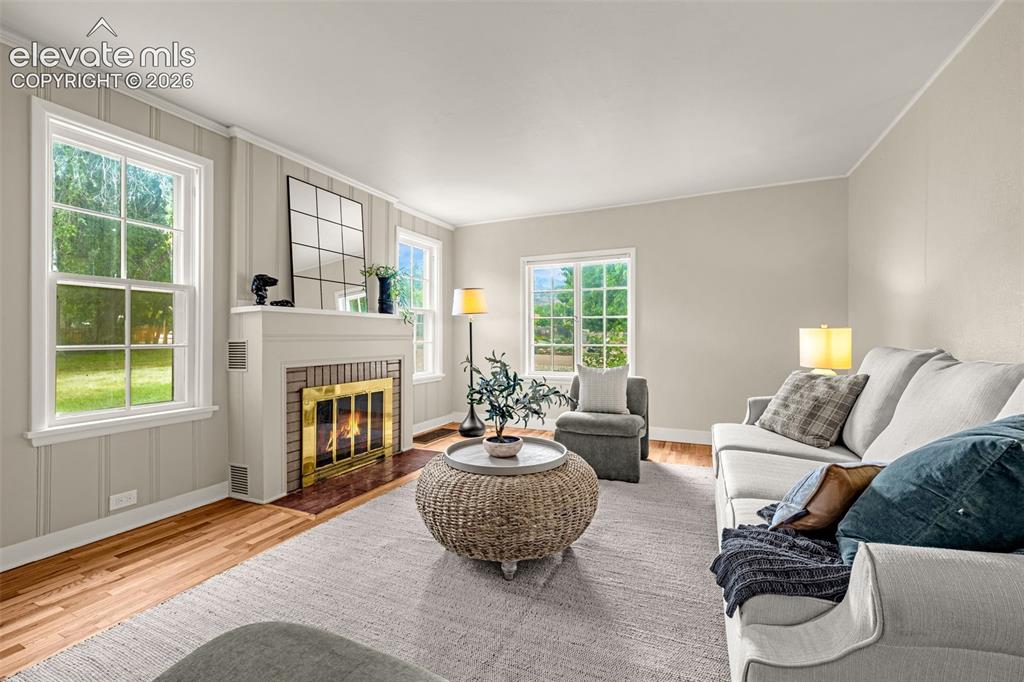 Image 6 of 50: White paneled walls with a brick fireplace, wood-finish flooring, and multi