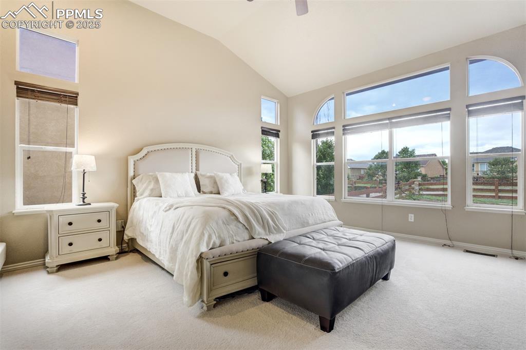 Image 21 of 50: Bedroom with light carpet, lofted ceiling, and a ceiling fan