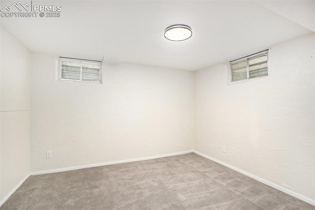 Image 16 of 24: Below grade area featuring a textured wall and carpet floors
