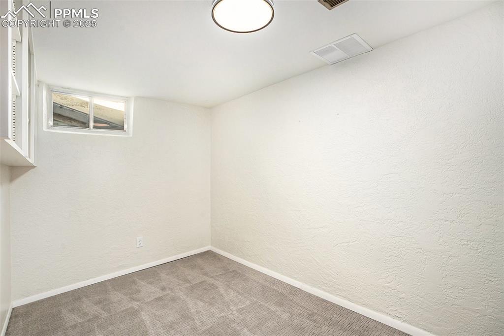 Image 17 of 24: Below grade area featuring a textured wall and carpet flooring