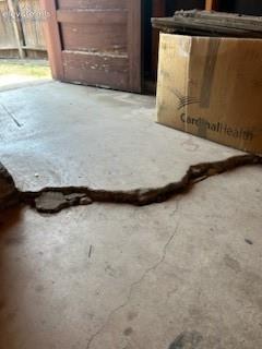 Image 46 of 50: Garage Floor Crack Garage Floor Detail – Significant crack visible in the g
