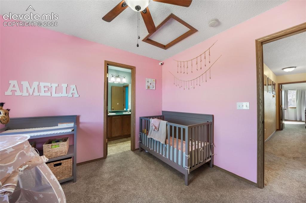 Image 28 of 50: Bedroom with textured carpet flooring, a ceiling fan, and access to a full