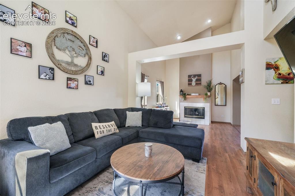 Image 7 of 50: Vaulted ceiling living area featuring wood-finish flooring, a built-in fire